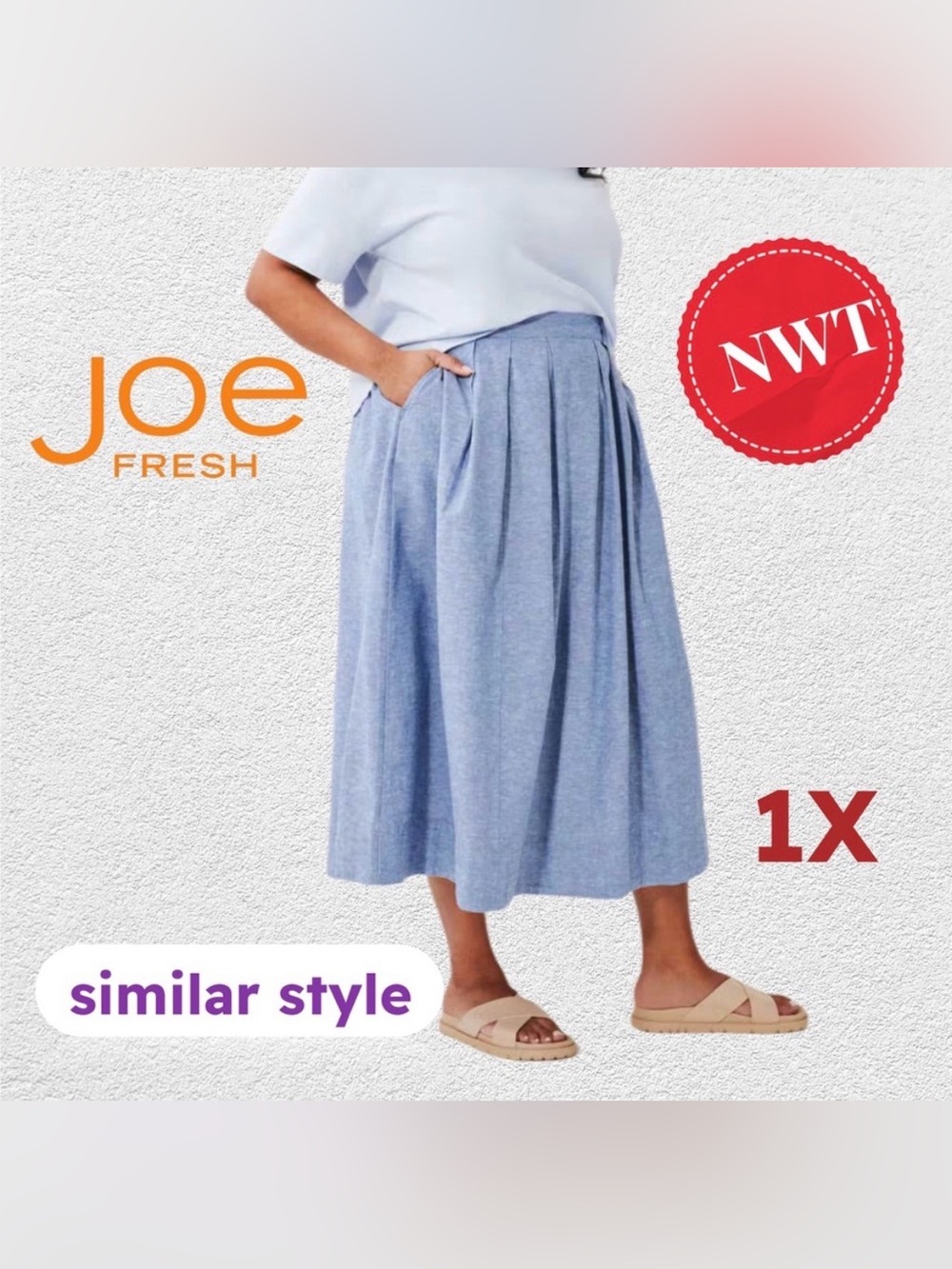 🇨🇦🆕NWT JOE FRESH | 1X | Timeless casual chambray pleated midi cross front skirt
